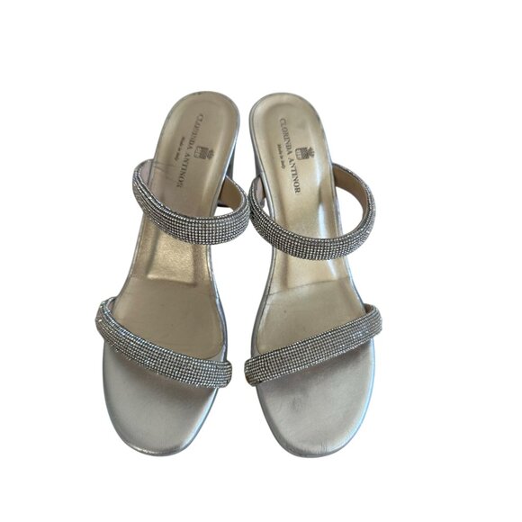 CLORINDA ANTINORI Silver Leather Rhinestone Sandals Size 7 - Picture 2 of 9